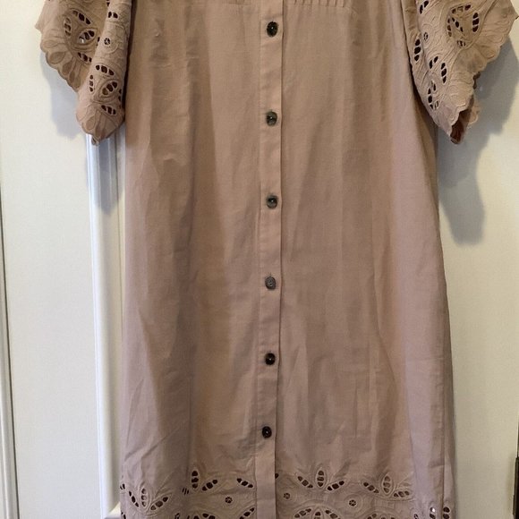 Free/Quent Dress Size Large Silver Mink Tan Brown 100% Cotton Eyelet Sleeves - Picture 3 of 16